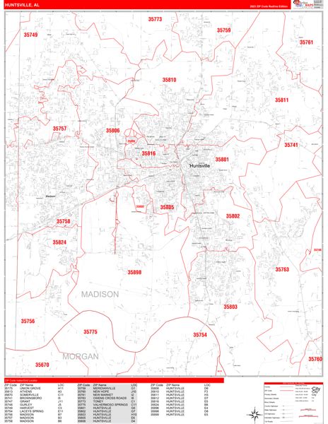 Huntsville Alabama Zip Code Wall Map Red Line Style By Marketmaps