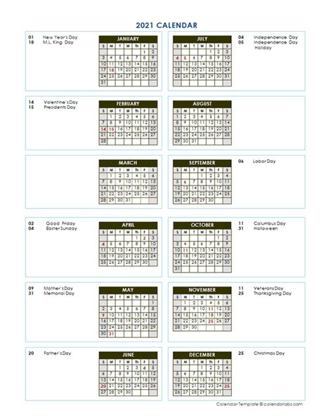 2021 Annual Calendar Vertical Template Free Printable Templates