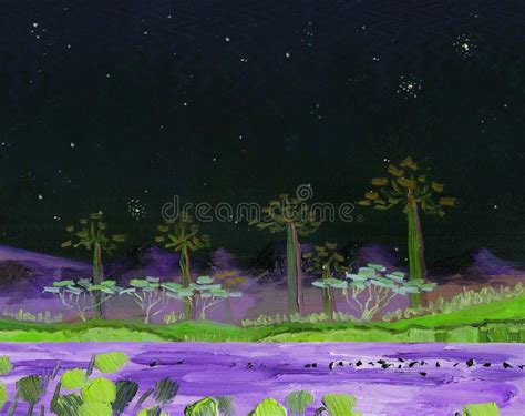 Lake With Tropical Trees On The Shore Night Stock Illustration