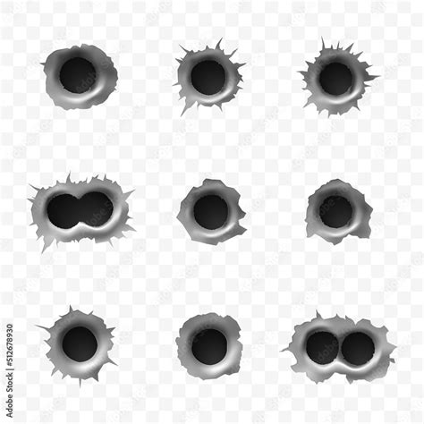 Realistic Bullet Holes Isolated On Transparent Background Collection Of Gunshot Hole On Metal