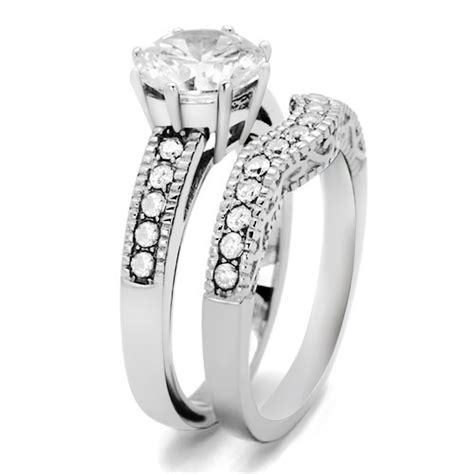 Artk1w007 Stainless Steel 229 Ct Round Cut Cz Vintage Wedding Ring Set Womens Size 5 10