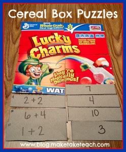 I cut the front of an old froot loops box up and made it into a puzzle. Cereal Box Puzzles - Make Take & Teach