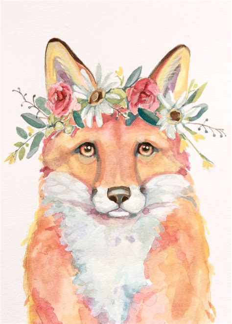 Printable Digital Download Fox With Flower Crown Gouache Painting