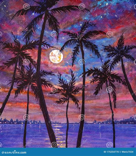 Oil Painting Beautiful Relaxing Landscape Palm Trees Pink Purple