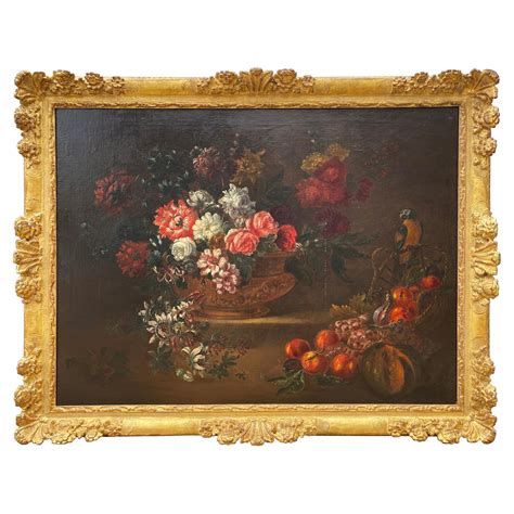 Antique Still Life Oil Painting Of Garden Flowers In Walnut Frame Th