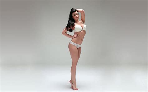 Luci Li Brunettes Models Gray Background White Bikini Hand On Hips