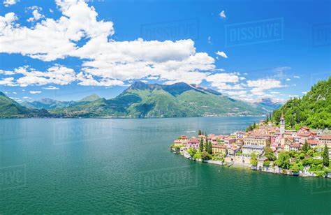 Aerial Panoramic Of Varenna And Lake Como Lombardy Italy Stock