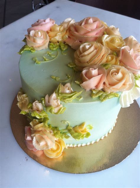 Light Blue And Pink Buttercream Flower Cake My Cakes Pinterest