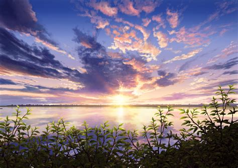 Download the background for free. Anime, Scenery, Sunset, Leaves, Nature wallpaper | anime ...