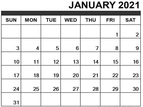 Monthly Calendar January 2021 Printable Word One Platform For Digital