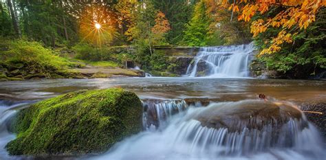 Trees Landscape Forest Waterfall Sunset Water Nature Reflection