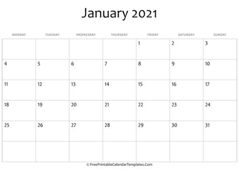 Fillable January Calendar 2021 Horizontal
