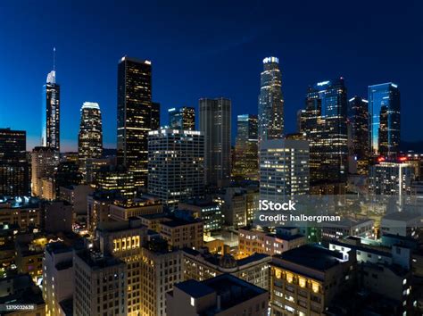 Dtla Skyline At Night Aerial Stock Photo Download Image Now Night