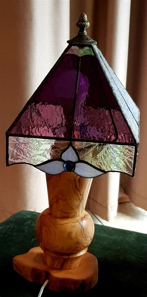 Stained Glass Lamp Purple Wooden Base Vitrail