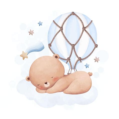 Ilustración Acuarela Bebé Oso Duerme En La Nube Con Globo Aerostático
