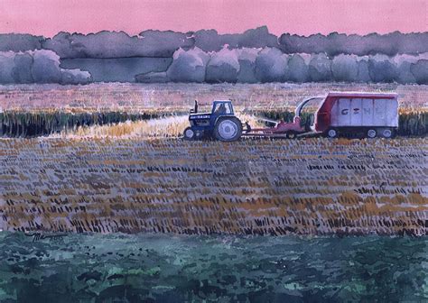 Rosy Autumn Sunset On The Farm Tractor And Machines In Dusky Field