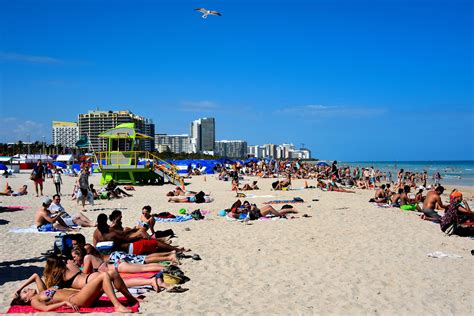 Crowds Sunning At South Beach In Miami Beach Florida