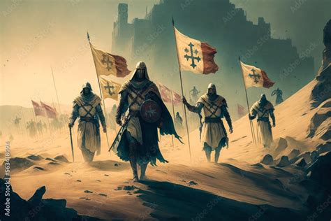 Crusader Army Marching Through The Desert With Banners And Crosses