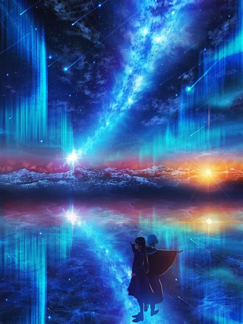Download 1536x2048 Anime Landscape Night Stars Scenic Reflection