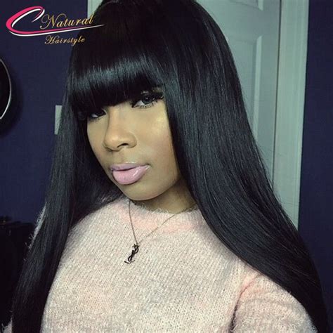Best Thick Silky Straight Human Hair Lace Front Wig With Bangs Virgin