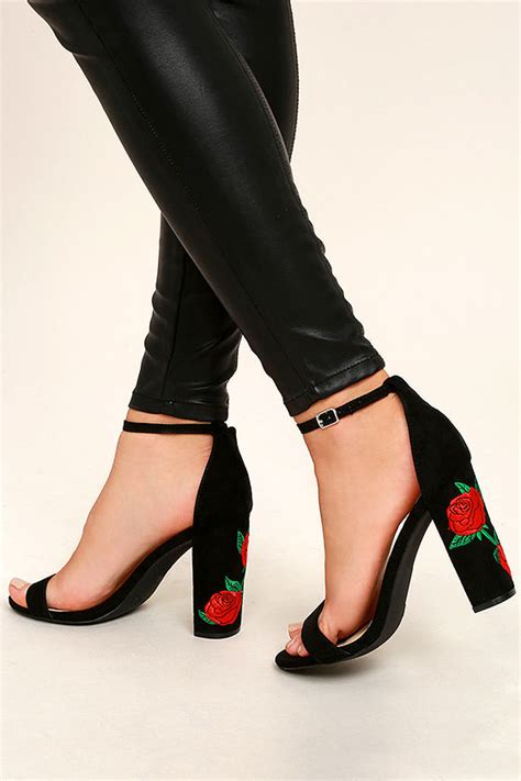 Lovely Black Suede Heels Embroidered Heels Single Sole Heels