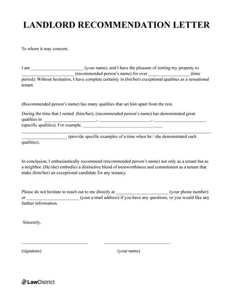 Landlord Recommendation Letter Template Sample Printable PDF