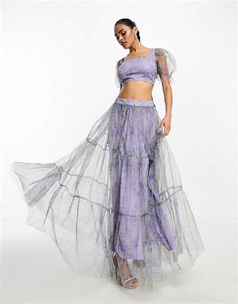 Lace And Beads Organza Crop Top And Maxi Skirt Co Ord In Lilac Floral Asos