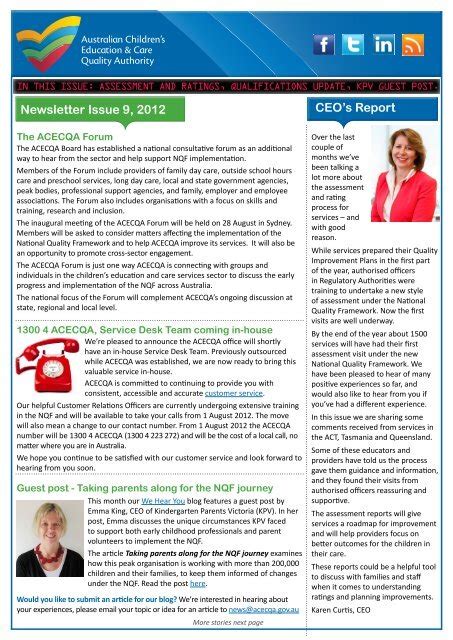 Ceos Report Newsletter Issue 9 2012 Acecqa