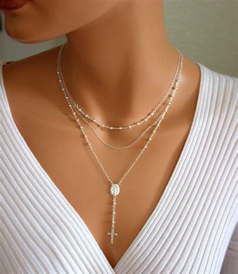 Best Seller Sterling Silver Rosary Necklace Rose Gold Women Multi