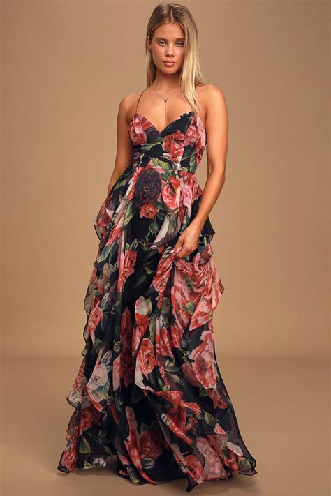 Black Floral Print Dress Ruffled Maxi Dress Chic Maxi Dress Lulus