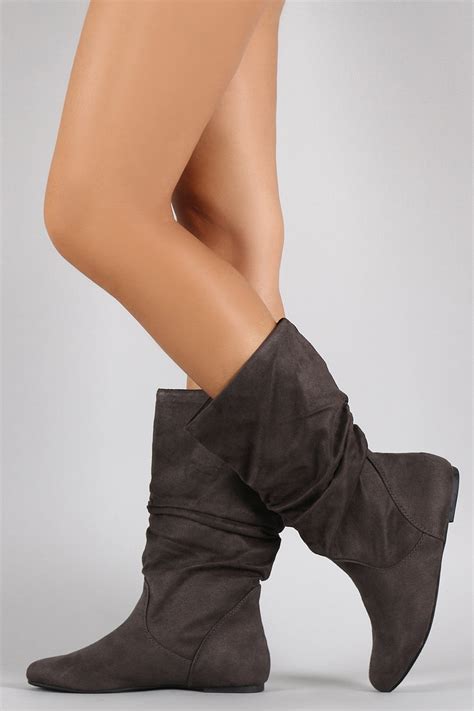 soda suede slouchy round toe mid calf flat boots shoe heaven