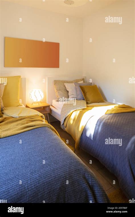 Modern Bedroom With Two Singles Beds With Clean Bed Sheets And Large