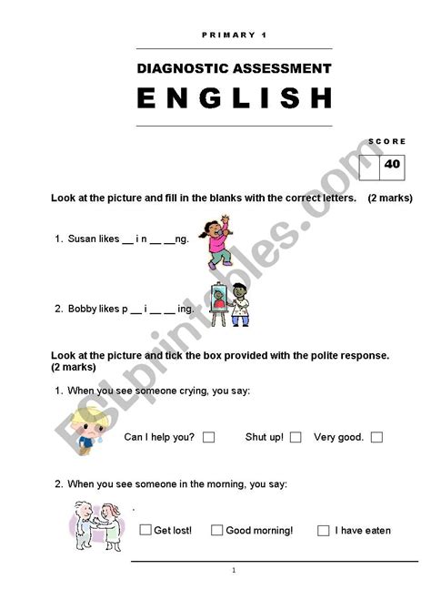 English Assessment Grade 1 Esl Worksheet By Giler