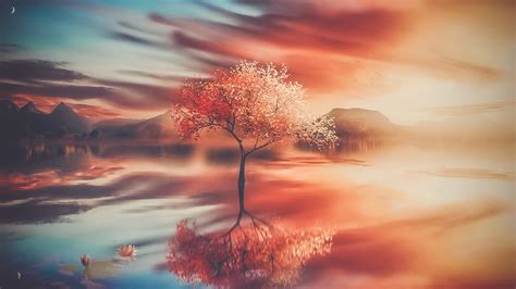 Download 1920x1080 Wallpaper Autumn Tree Sunset Reflections Full Hd
