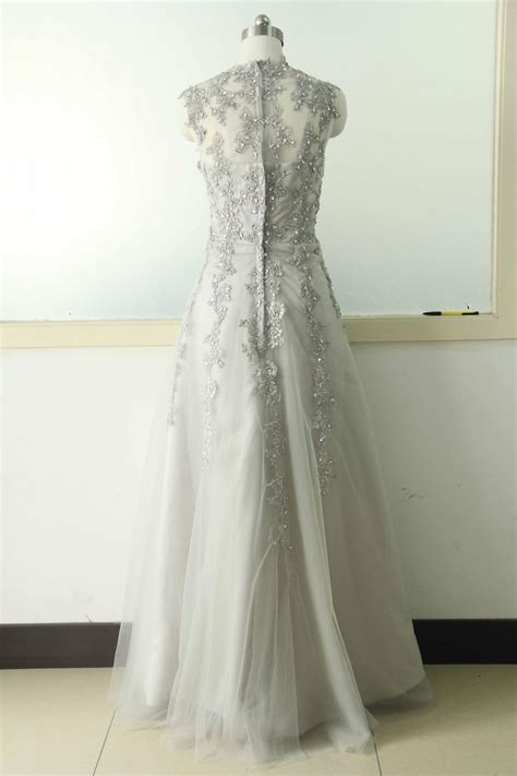 Gray A Line Lace Applique Wedding Dress V Neck Bridal Wedding Dress