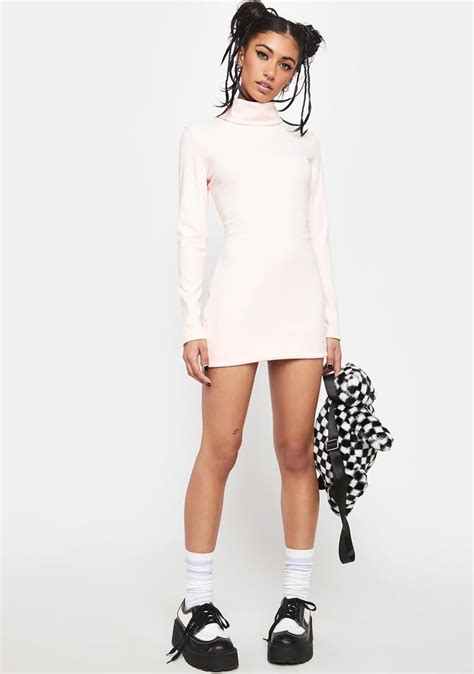 Long Sleeve Turtleneck Bodycon Mini Dress Light Pink Dolls Kill