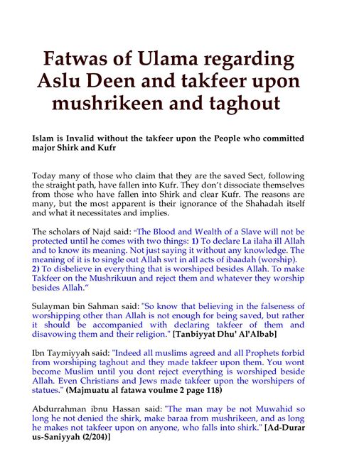 Calaméo Fatwas Of Ulama Regarding Aslu Deen And Takfeer Upon