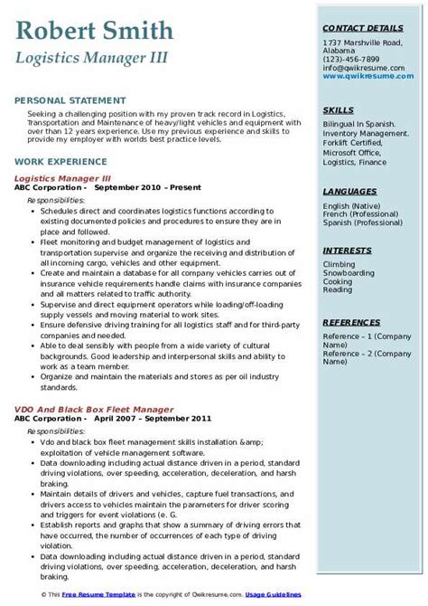 Reread it from the employer's perspective and make changes as necessary. Logistics Manager Resume Samples | QwikResume