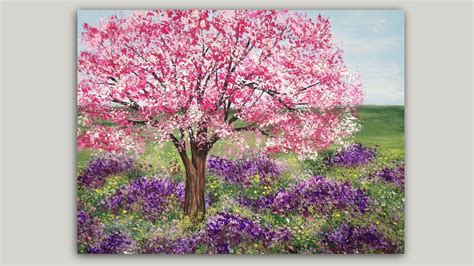 Acrylic Painting Cherry Blossom Tree And Lavender Meadow Landscape