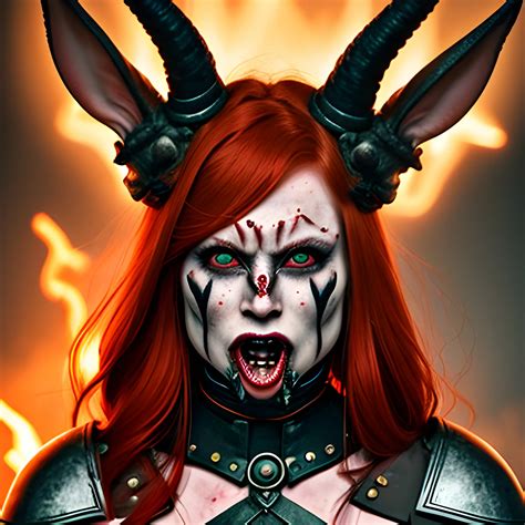 Woman Warrior Bunny Ears Demon Horns On Jaw Redhead Arthubai