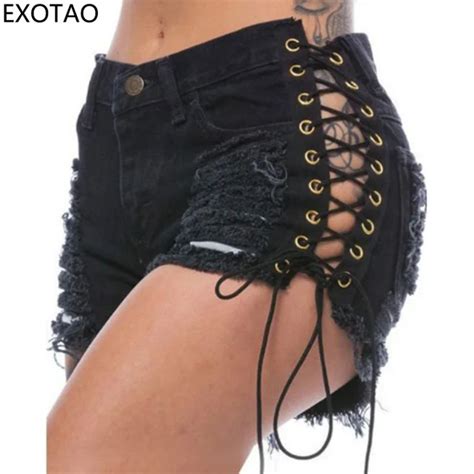 Exotao Summer Solid Lacing Women Denim Shorts New Hole Short Feminino Slim Sexy Bandage Jeans