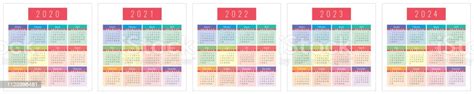 Calendar 2020 2021 2022 2023 And 2024 Years Colorful Vector Set Week