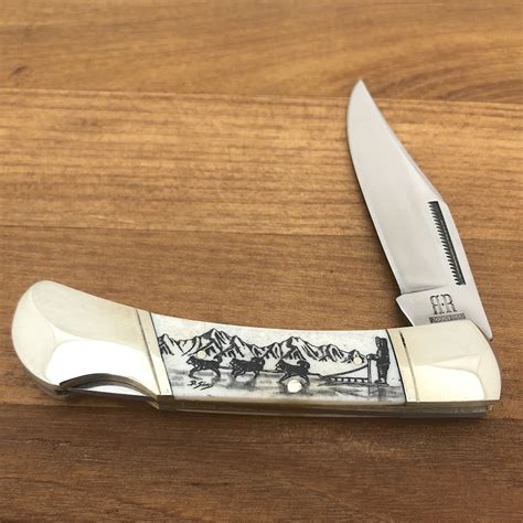 375 Bone Handle Single Blade Pocket Knife With Scrimshaw Artwork