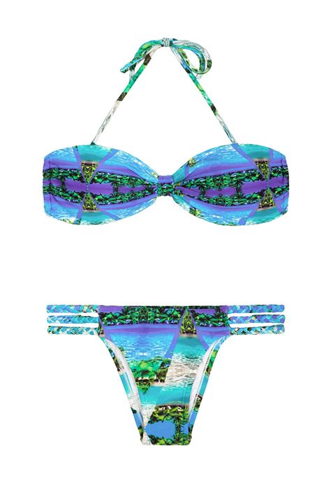 bikini bandeau azul tropical con varias tiras trenzadas mar mirage blueman