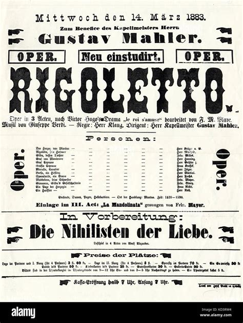Poster Advertising Gustav Mahler Conducting Verdis Rigoletto Vienna March 14th 1883 Austrian