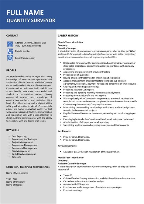 Quantity Surveyor Cv Template Cv Template Resume Word