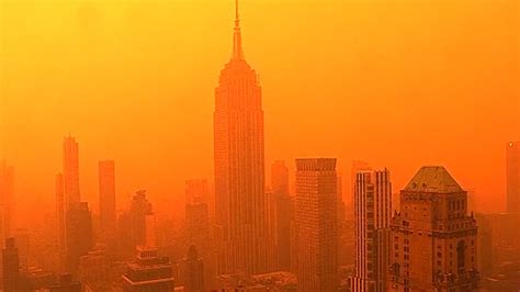 Air Quality Alert Updates New York City Skyline Turns Orange Due To