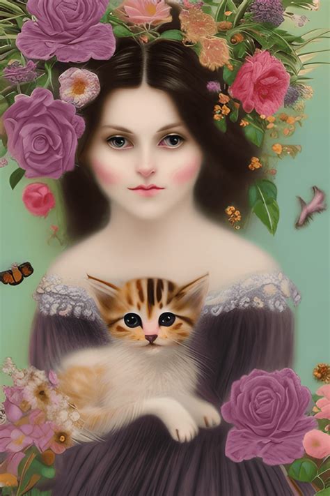Adorable Kitten Sitting On Shoulders Of Vintage Victorian Woman