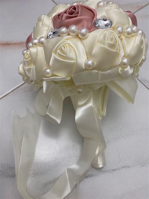 Ivory Nude Satin Flower Bouquet With Brooch Hobbies Toys Stationery