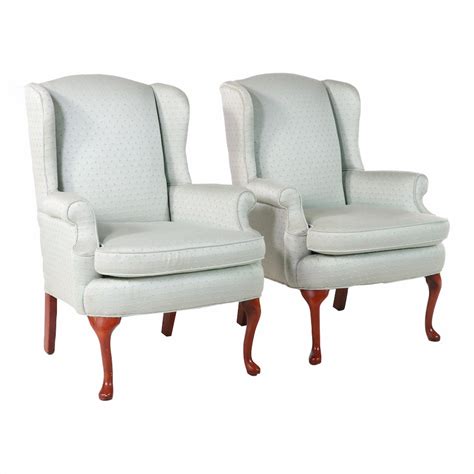 Pair Of Clayton Marcus Queen Anne Style Wingback Chairs Late 20th